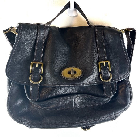 vintage fossil crossbody bag Top Handle Black Leather Bag Adjustable Messenger - Picture 1 of 14